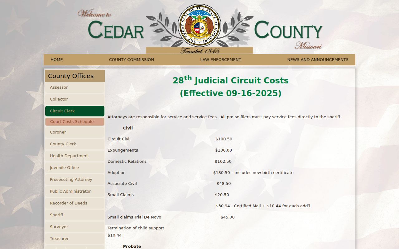 Cedar County civil court docket filing cost schedule