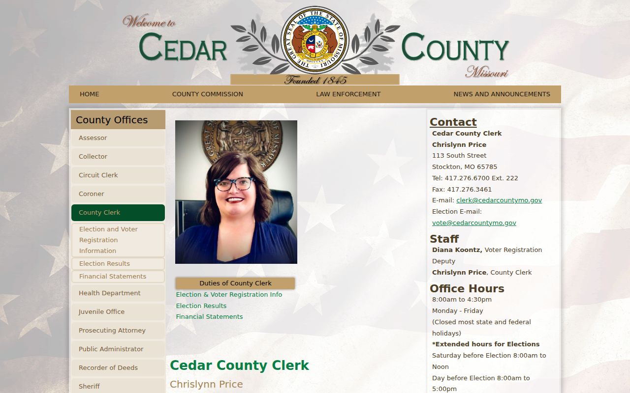 Cedar County court case records county clerk custodian boundary