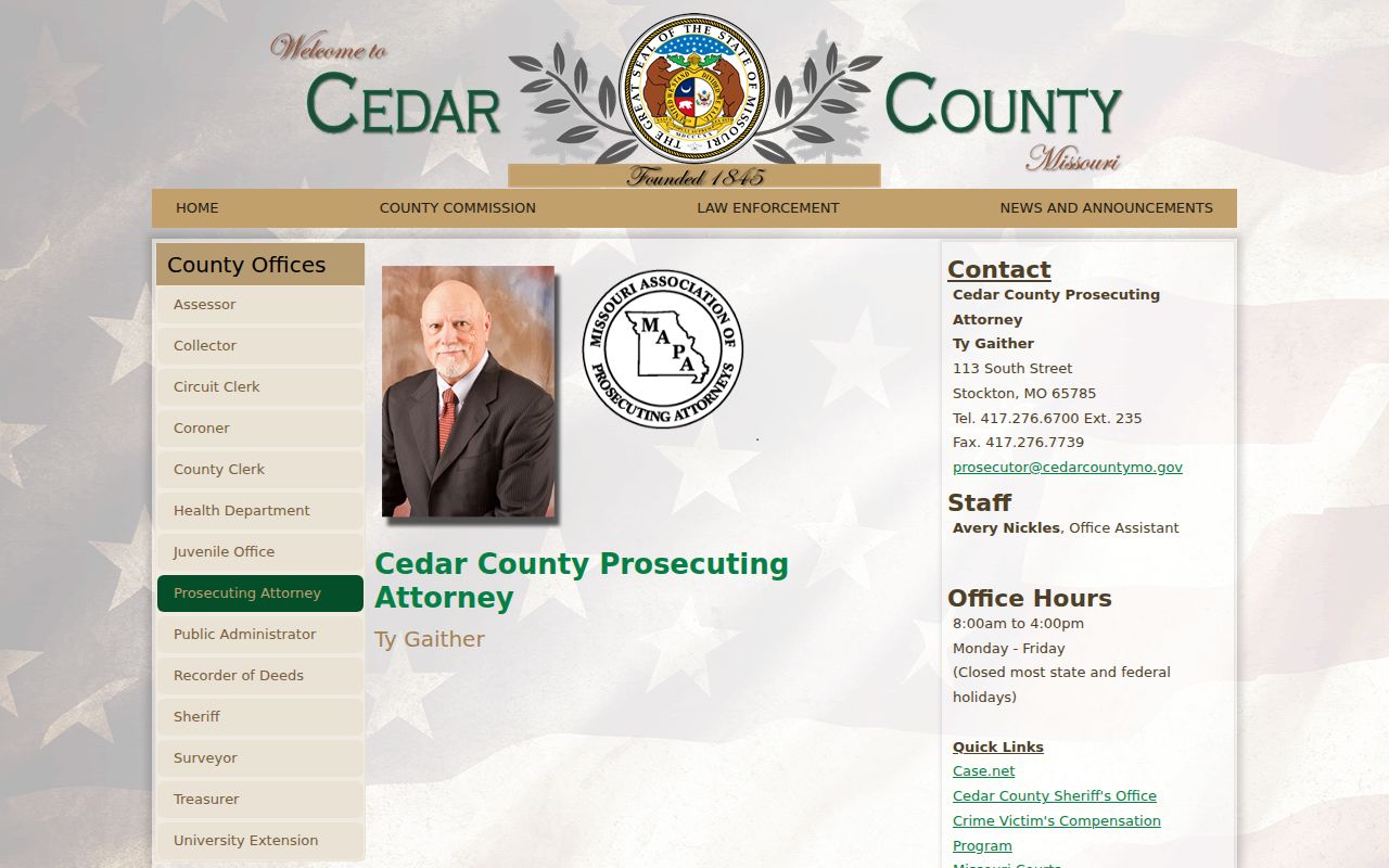 Cedar County criminal court docket prosecutor office context
